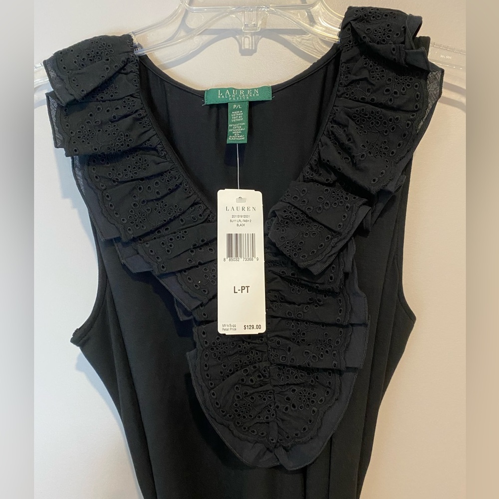 Ralph Lauren Black Lace Ruffle Sleeveless Dress Petite Large - Picture 3 of 5